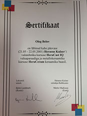 Oleg Belovi valutehnika kursuse sertifikaat